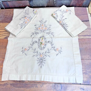 Vintage Set Embroidered‎ Linen Table Runner w 2 Napkins Gray Pink Floral Eyelet